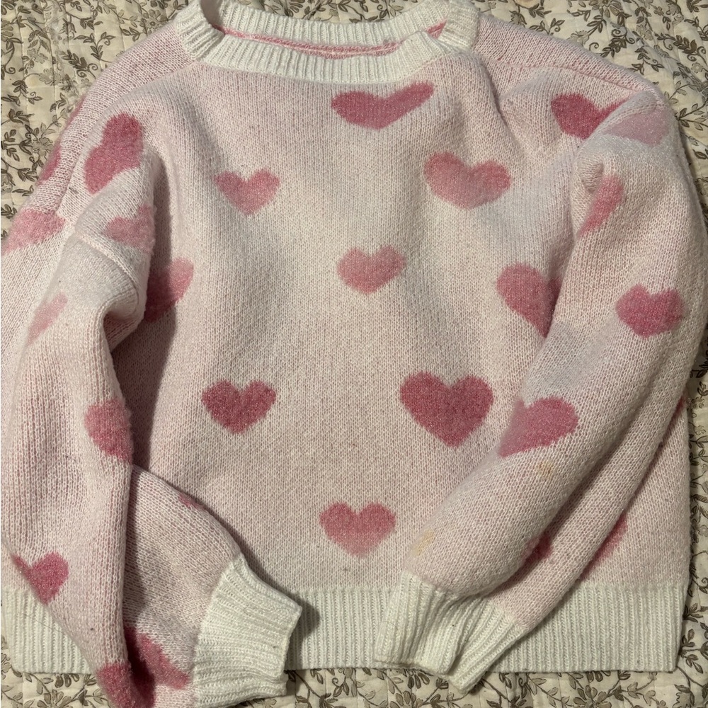 SHEIN Pink Heart Crew Neck Sweater